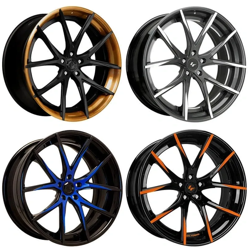 Four different colored rims are shown on a white background.