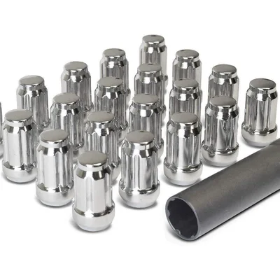 A set of 2 0 chrome lug nuts and a black tube.